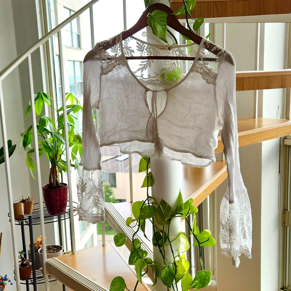 White lacy long sleeve crop